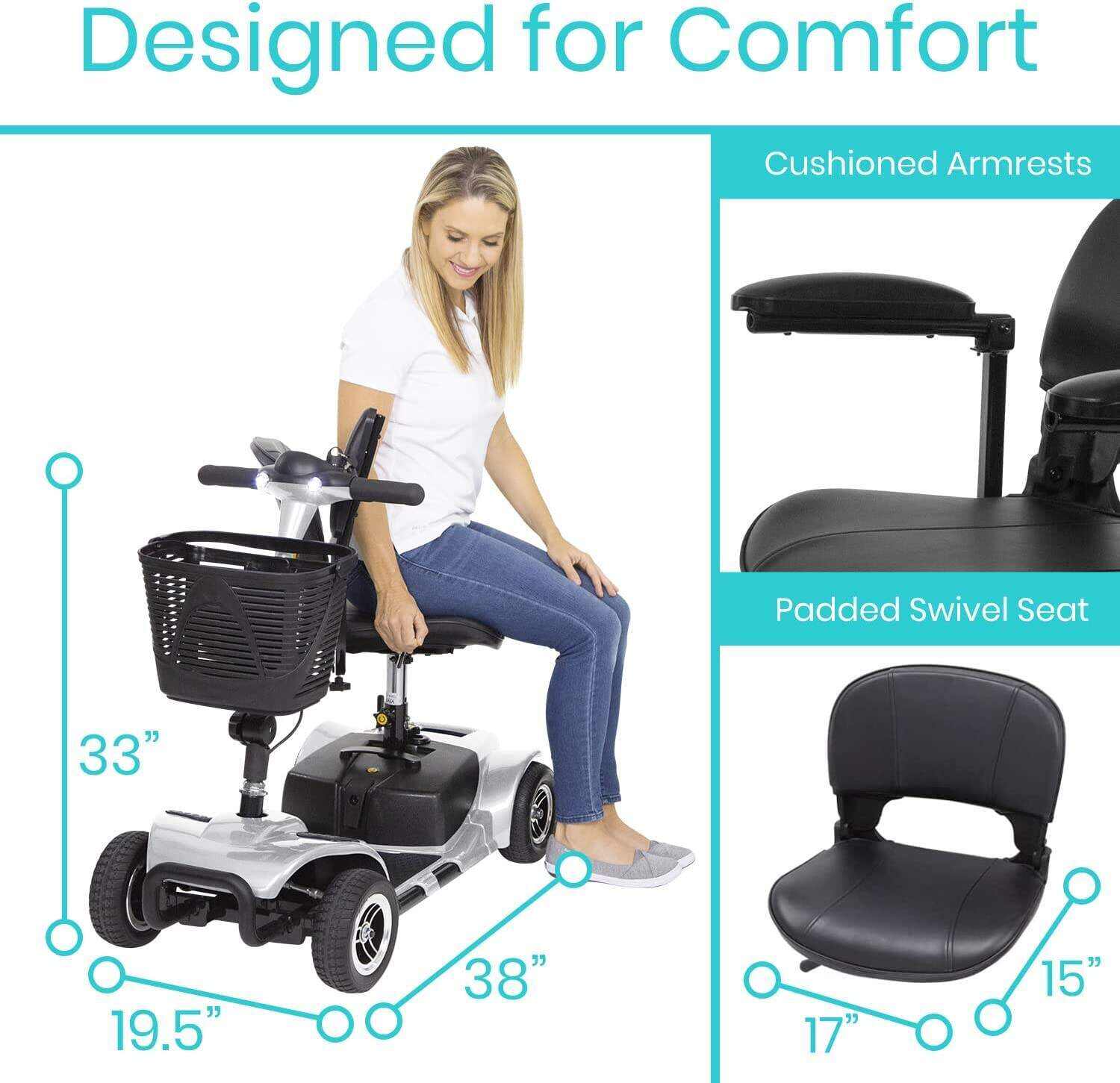 Vive 4 Wheel Mobility Scooter - Electric Powered Wheelchair Device - Compact Heavy Duty Mobile for Travel, Adults, Elderly - Long Range Power Extended Battery with Charger and Basket Included