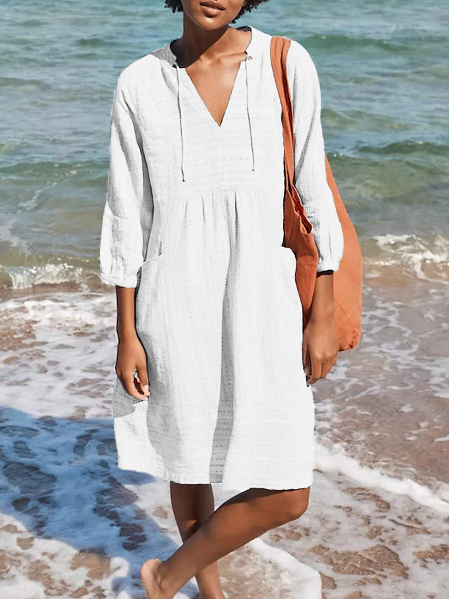 🔥Summer Arrivals🌟Women's Solid Color Loose Elegant Casual V-neck Pocket Cotton And Linen Dress