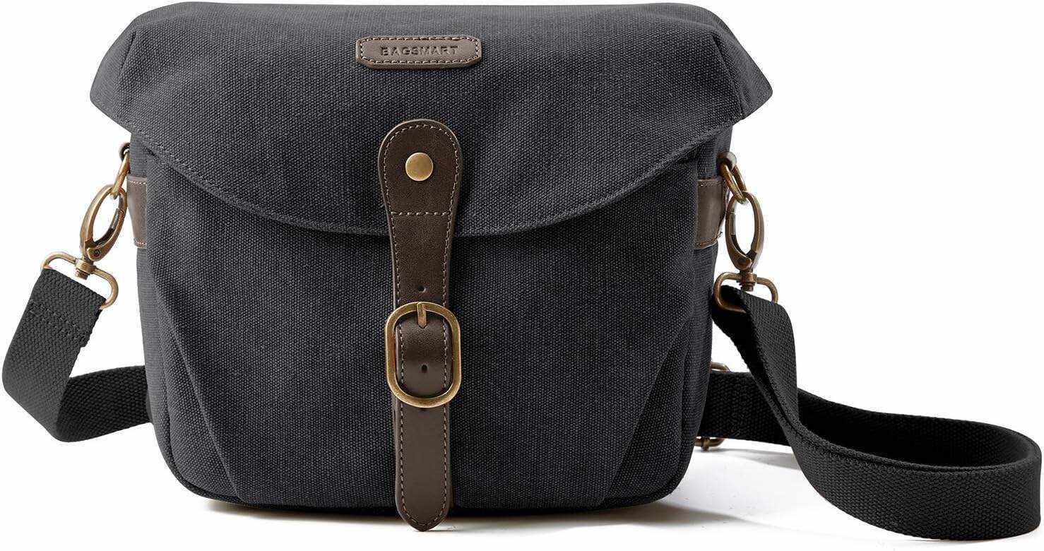 BAGSMART Camera Bag, SLR DSLR Canvas Camera Case, Vintage Padded Camera Shoulder Bag with Rain Cover for Women, Men, Black