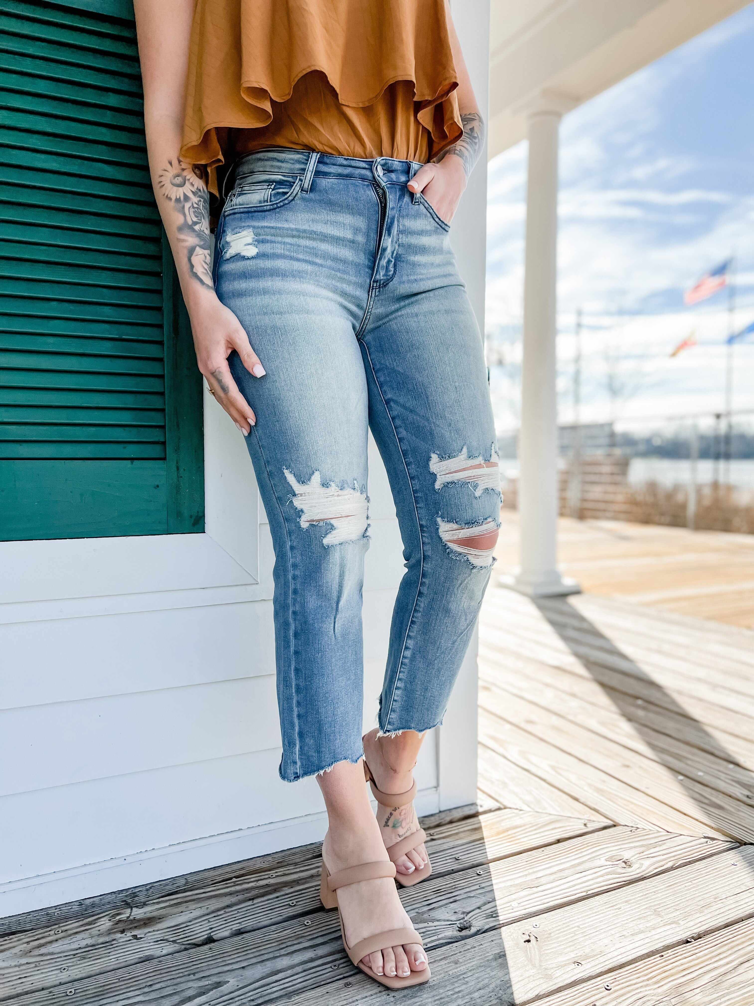 🔥Hot Sales🔥Look At Me Now Medium Wash Mid Rise Distressed Cropped Straight Leg Jeans