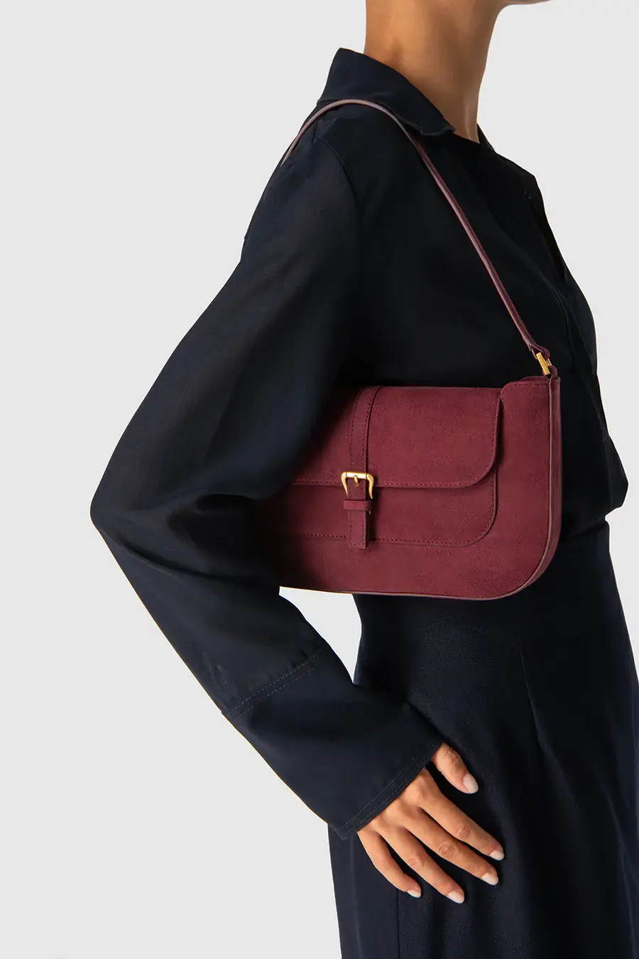 Black Semi Patent Leather Shoulder Bag