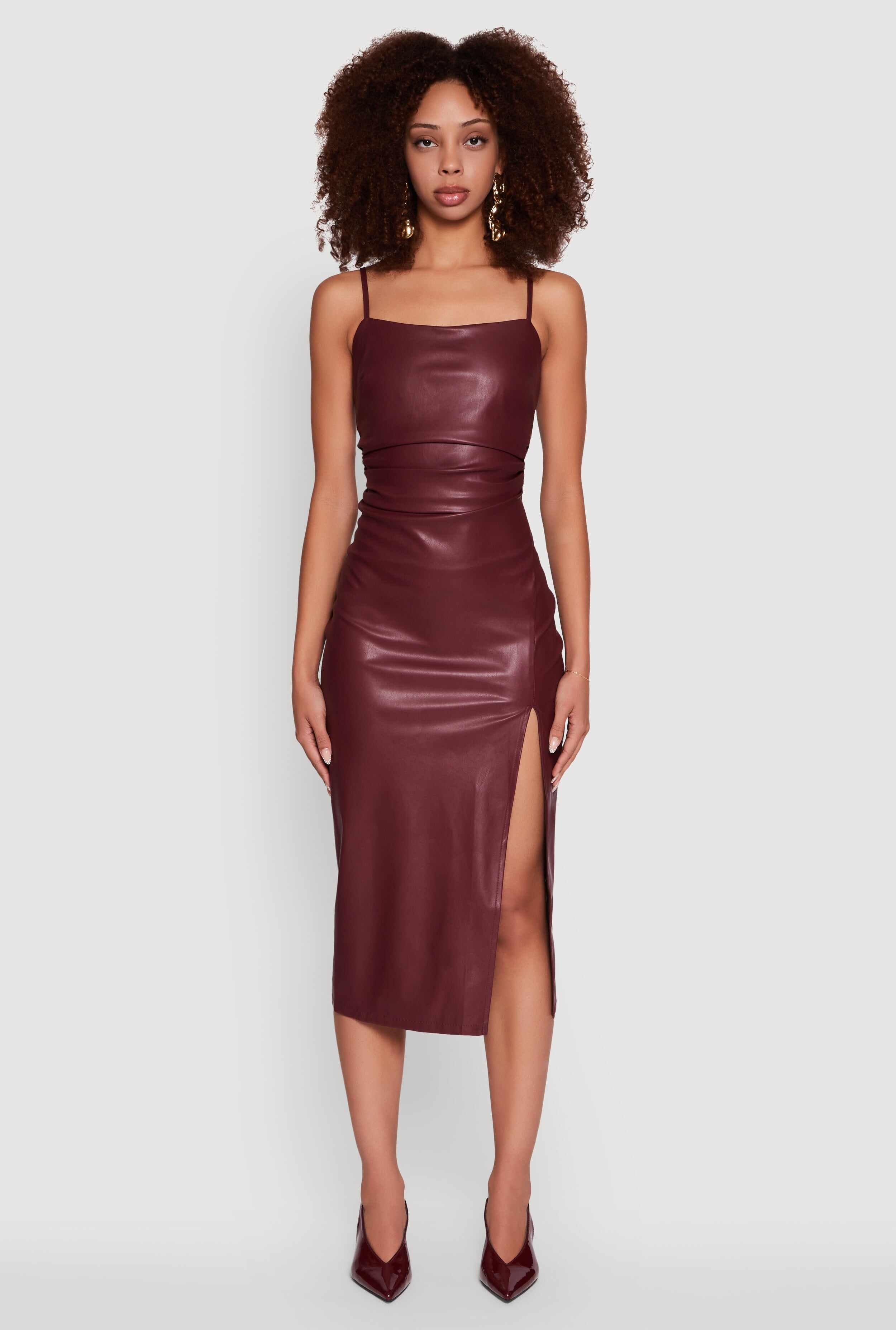 Faux Leather Square Neck Side Slit Midi Dress