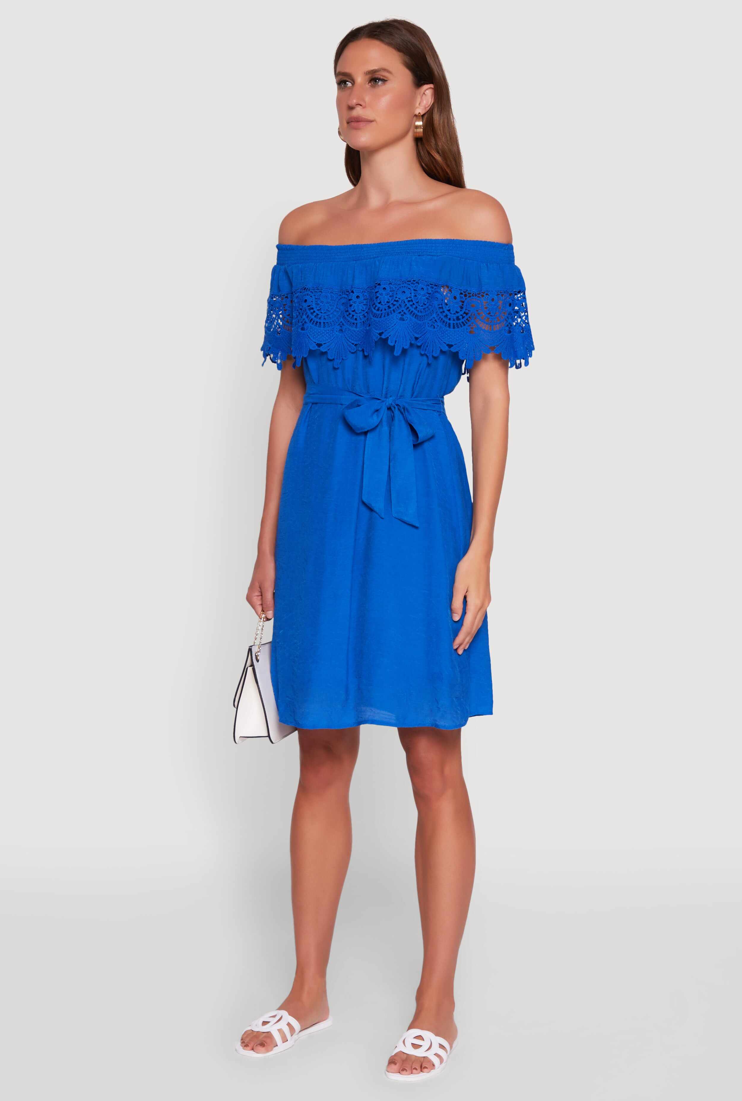 Chic Off the Shoulder Crochet Sundress with Tie Waist Belt