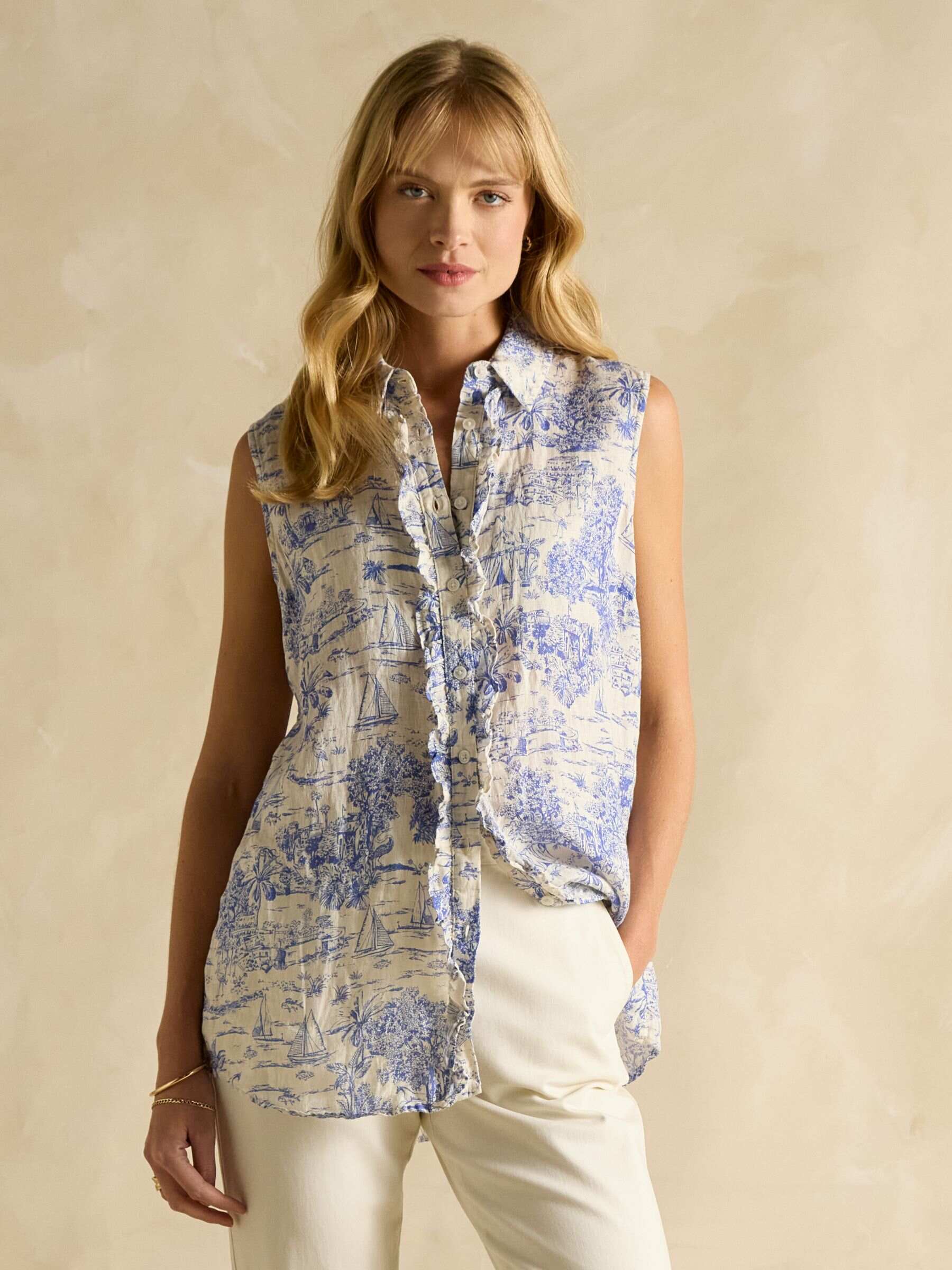 Selene Blue/White Toile de Jouy 100% Linen Sleeveless Shirt