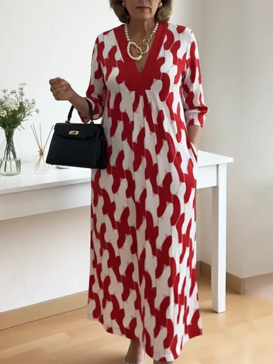 🔥Summer Arrivals🌟Elegant Art Print Color Block Trim V-neck Midi Dress
