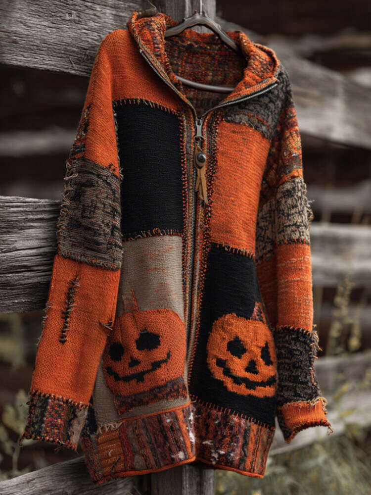 Vintage Patchwork Halloween Pumpkin Face Art Cozy Knit Hooded Sweater Coat