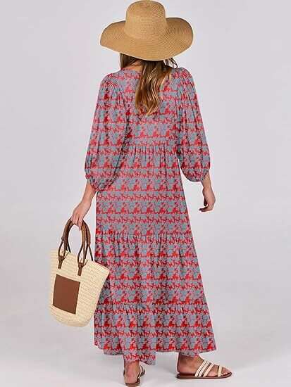 🔥2025 CRAZY DEAL🔥Summer V Neck Puff Sleeve Floral Flowy Swing Casual Long Dress