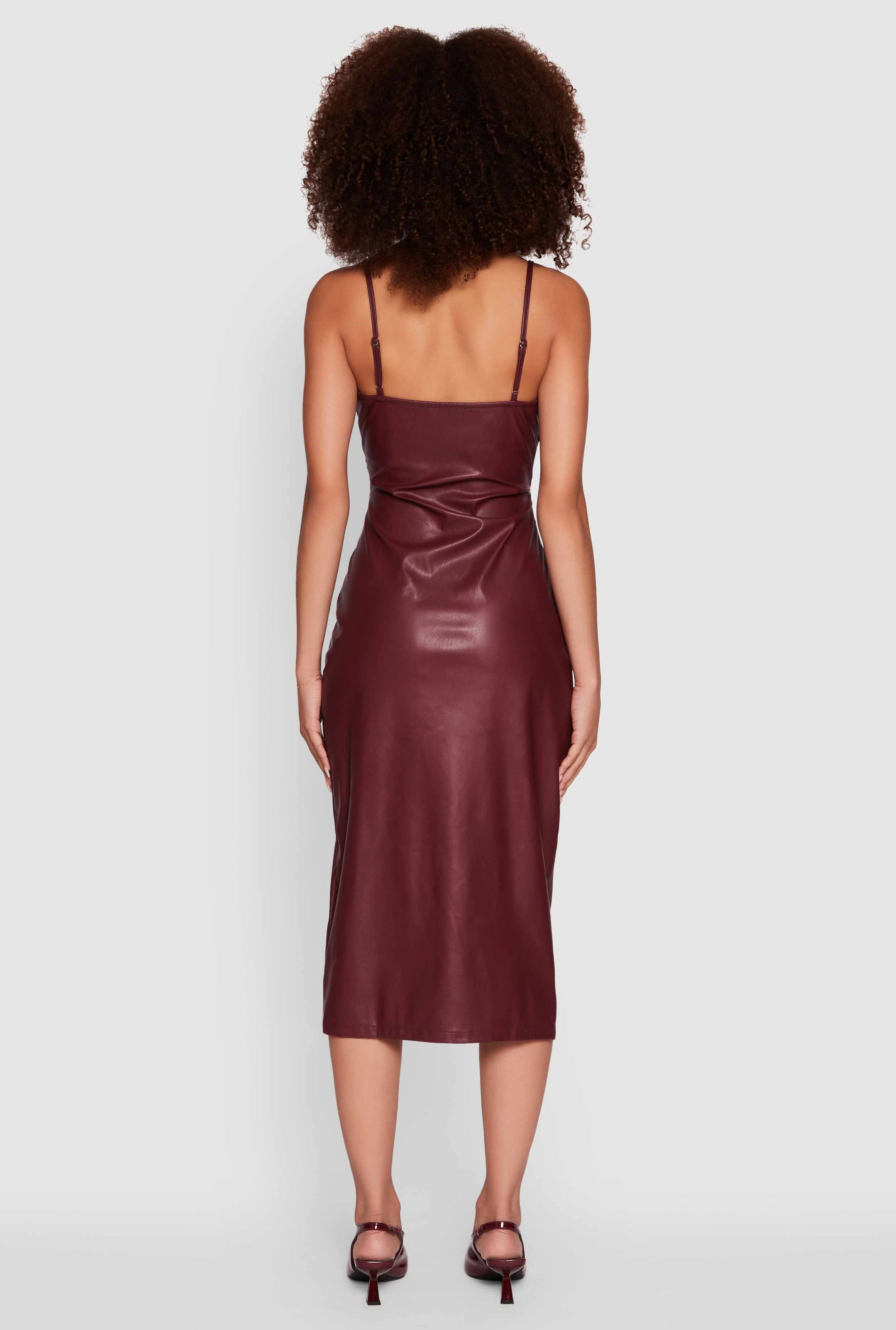 Faux Leather Square Neck Side Slit Midi Dress