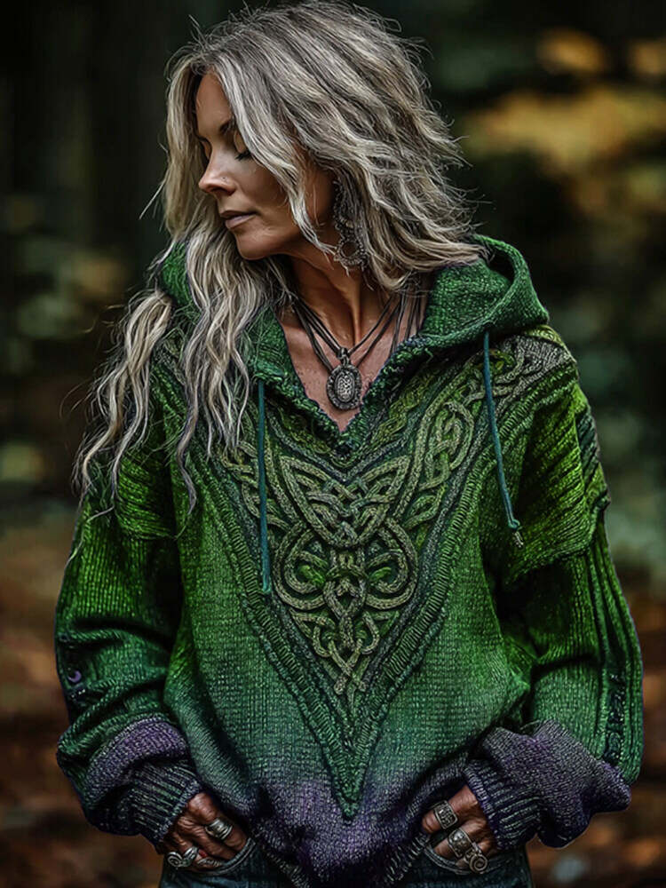 Women's Viking Celtic Knot Art Knitted Warm Hooded Sweater