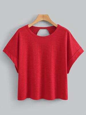 Women's Plain Cut Out Asymmetrical Hem Batwing Sleeve Tee, Elegant Casual Short Sleeve Round Neck T-Shirt for Summer, Ladies Clothes for Daily Wear