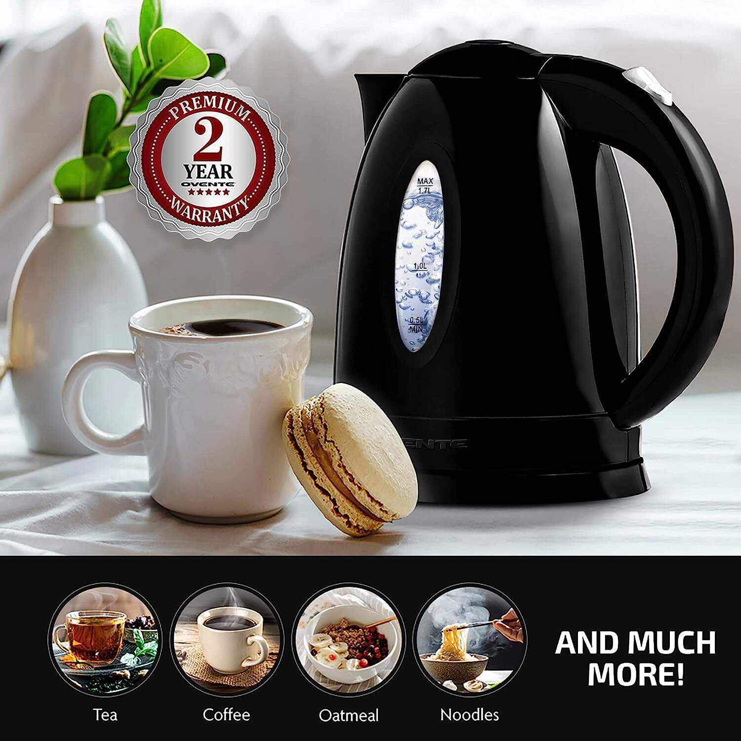 OVENTE Electric Kettle Hot Water Heater 1.7 Liter - BPA Free Fast Boiling Cordless Water Warmer - Auto Shut Off Instant Water Boiler for Coffee & Tea Pot - White KP72W