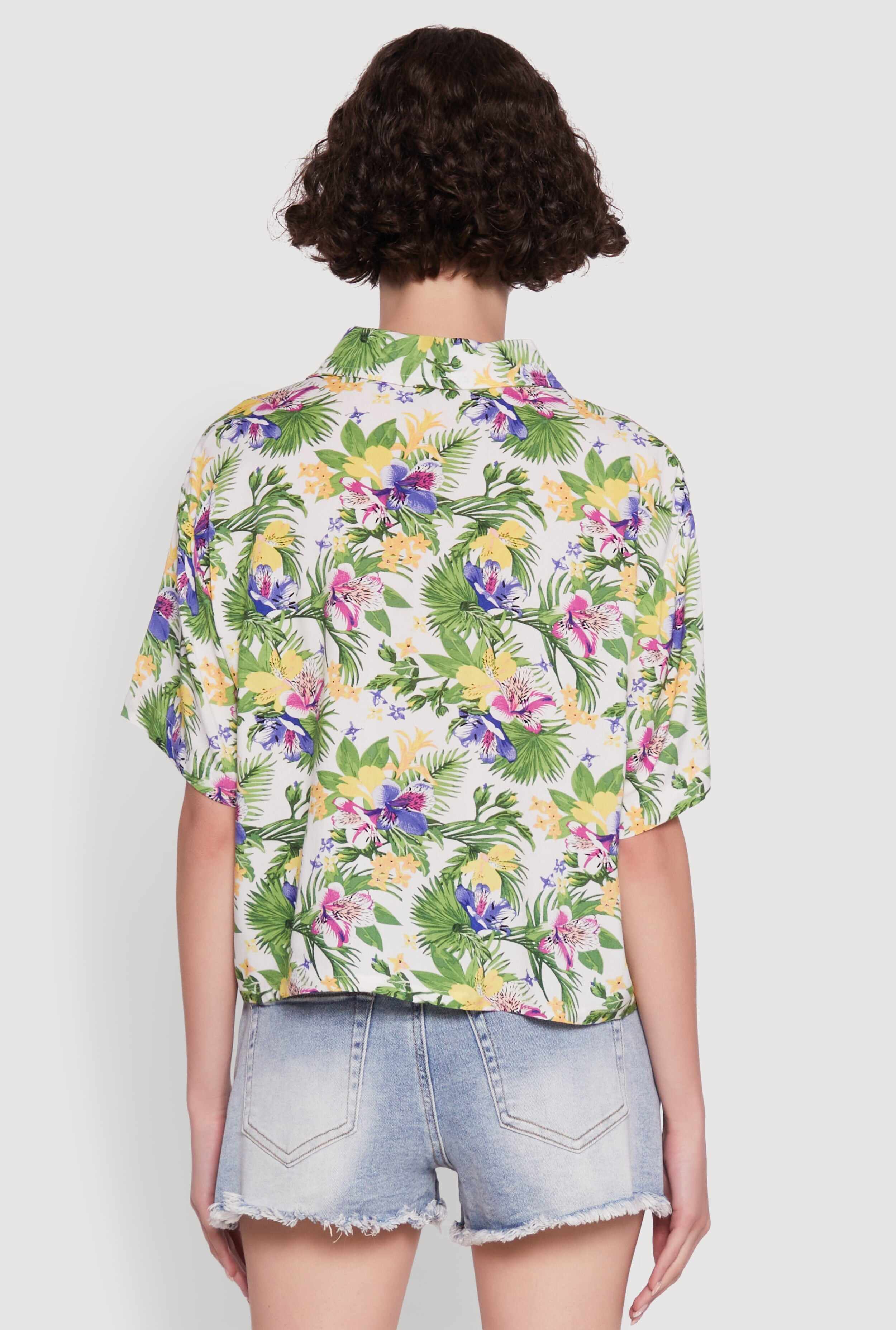 Trendy Tropical Floral Button Front Short Sleeve Shirt
