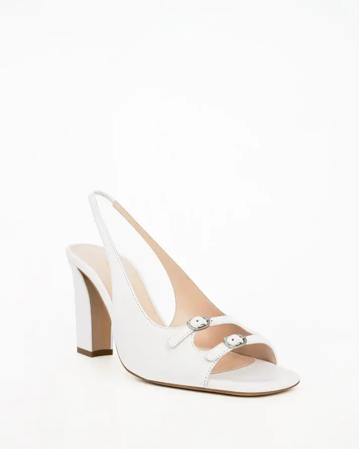 White Leather Slingback Block Heels