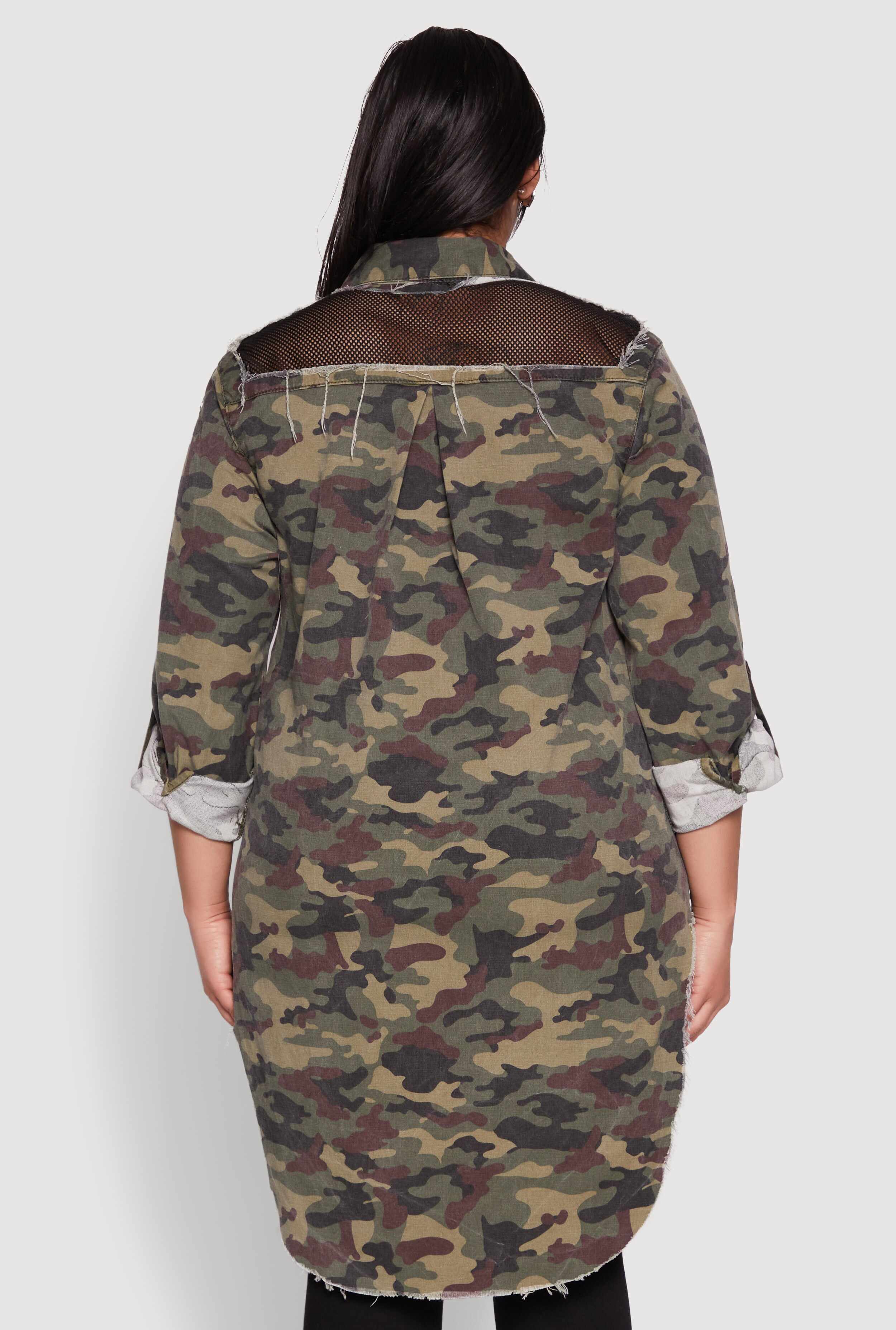 Plus Size Fishnet Detail Camouflage Shirt