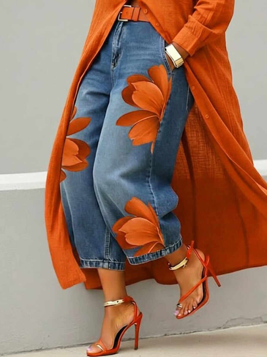👖Women's Artistic Red Blossom Wide Leg Jeans