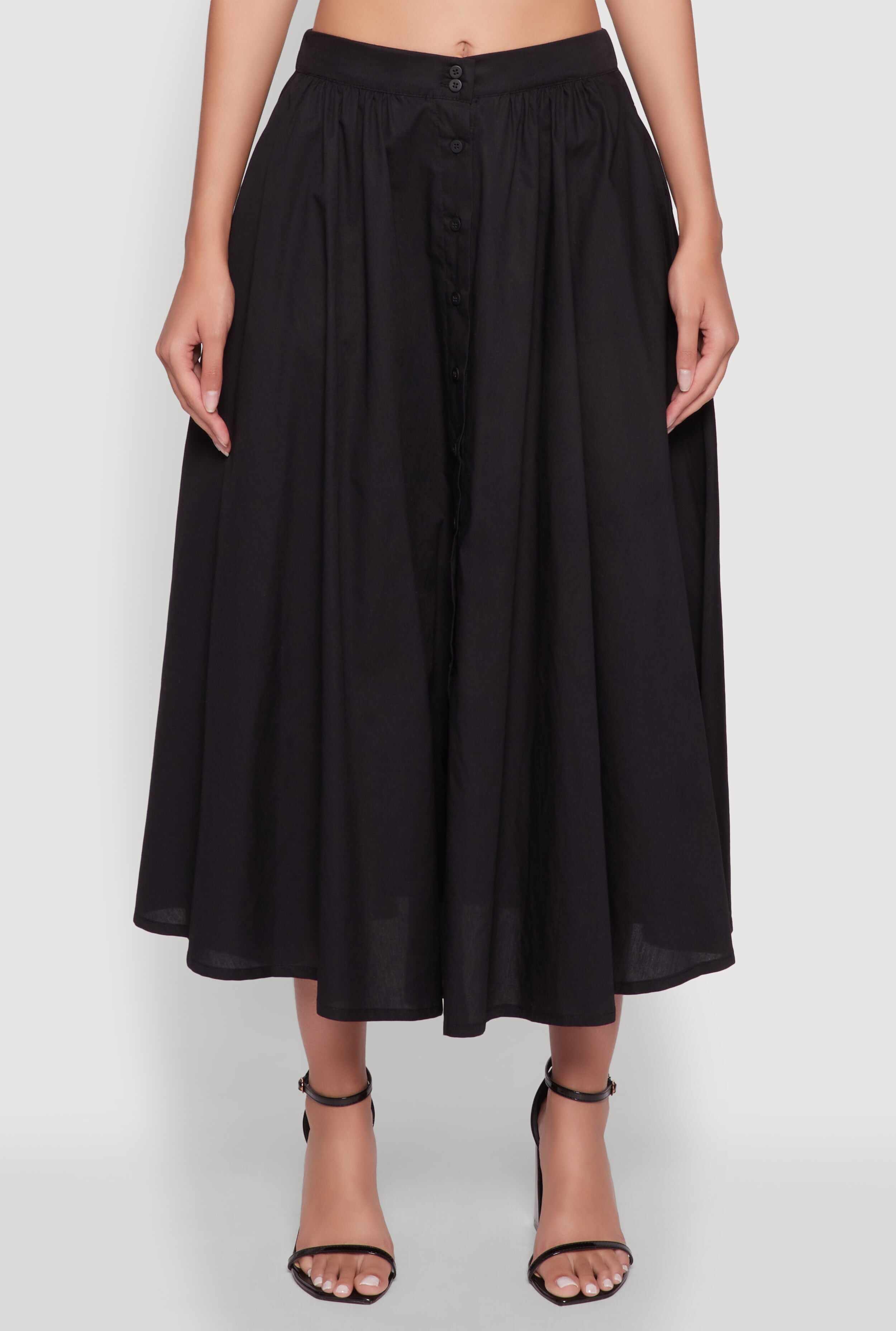 Chic Poplin Button Front Mid Length Skater Skirt