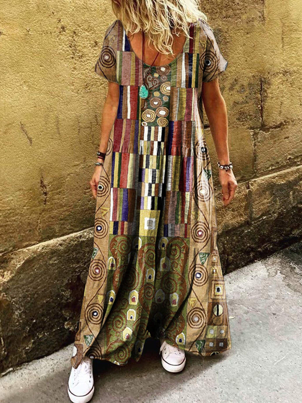 Women's Boho Retro Folk Art Print Pocket Short Sleeve Cotton Dress