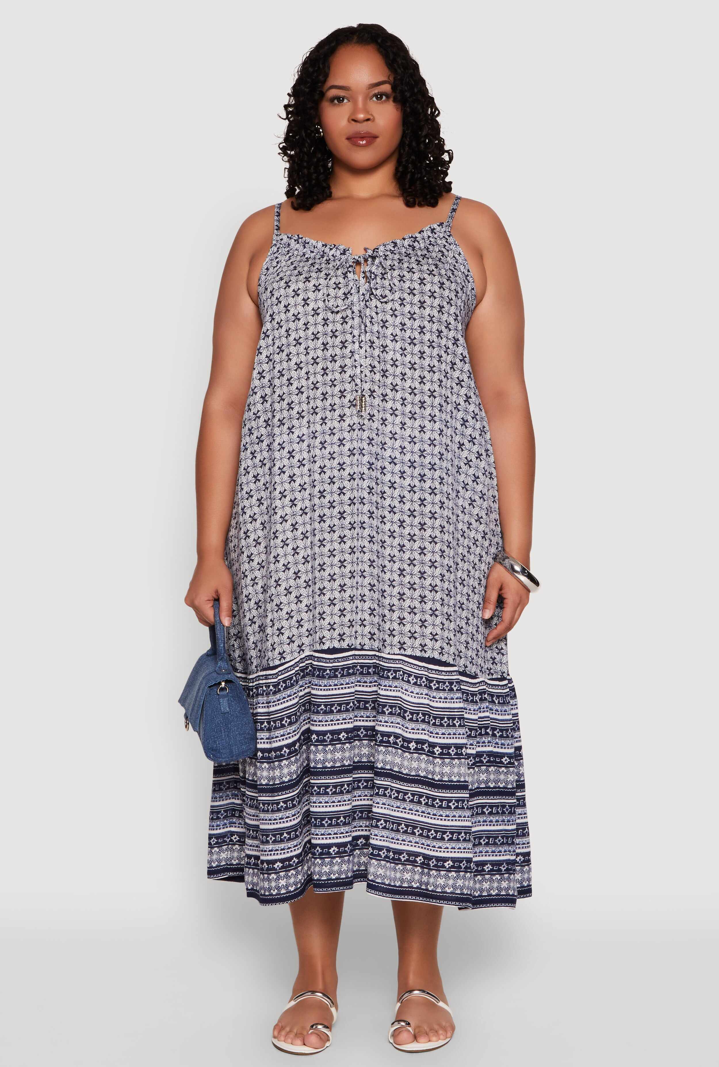 Plus Size Border Print Keyhole Maxi Dress