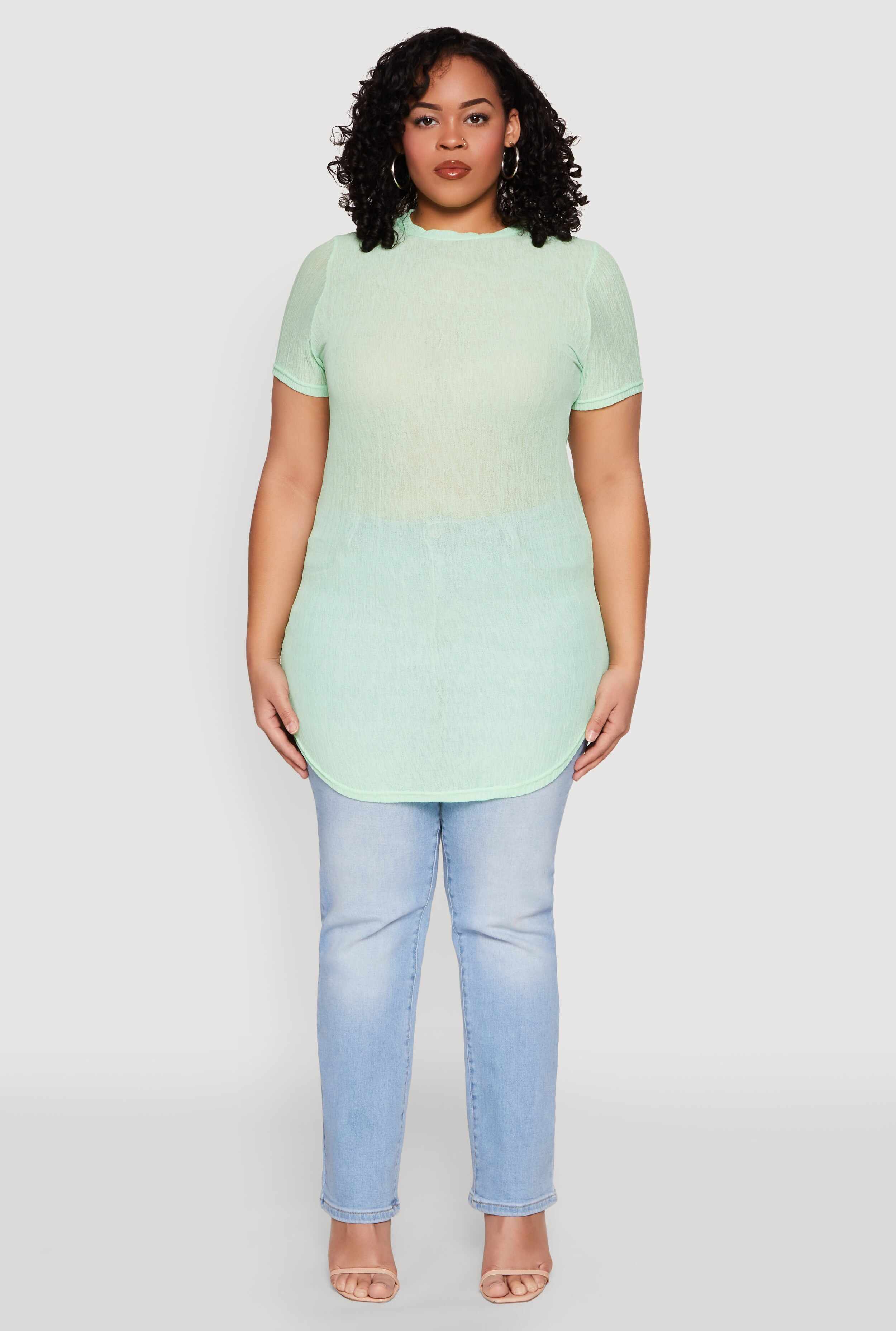 Plus Size Sheer Short Sleeve Tunic Top