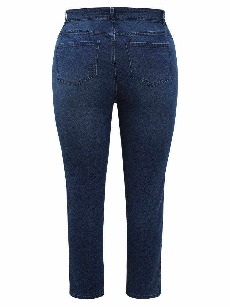 Straight Very Stretchy High Rise Dark Wash Embroidered Trim Jeans