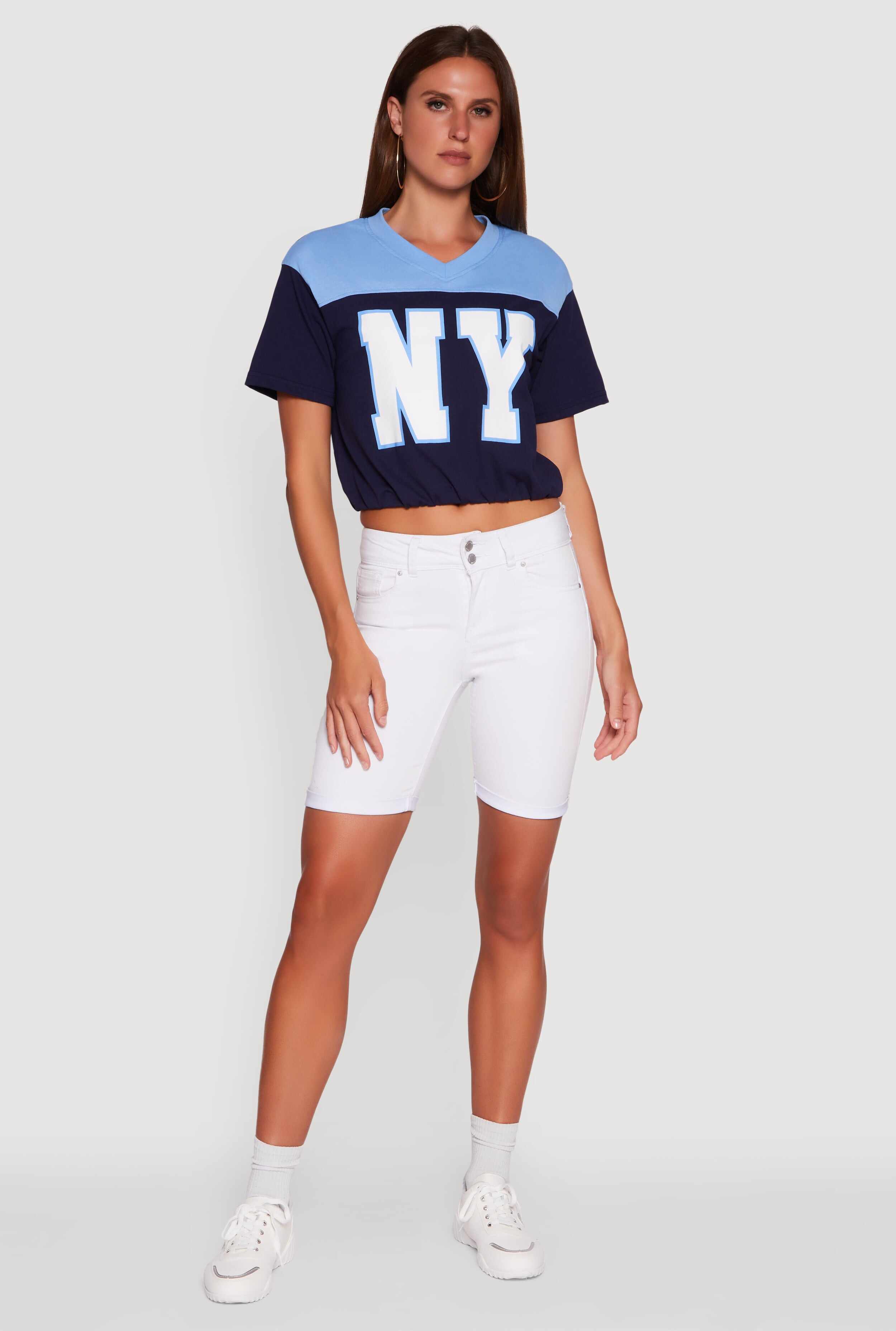 Madden Girl Color Block Cropped V-Neck Graphic Tee