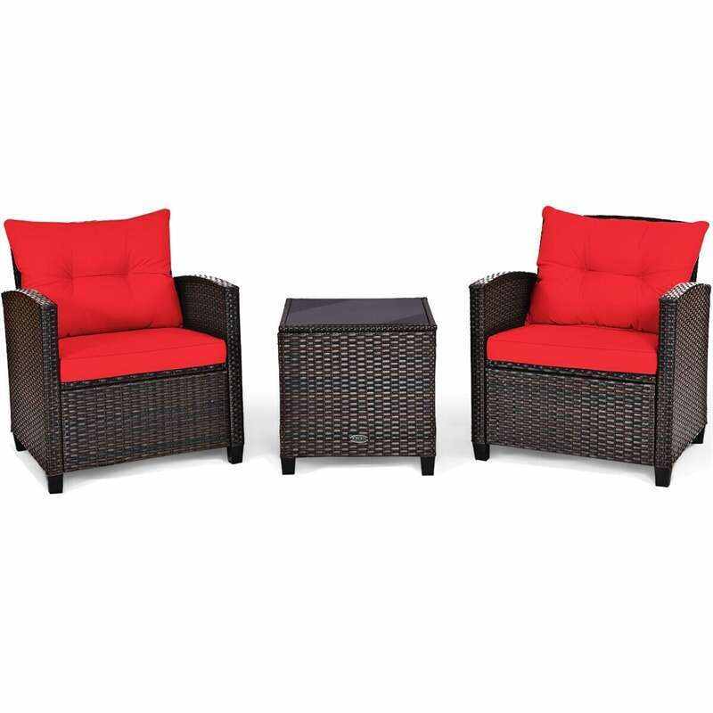 3 Pieces Patio Rattan Furniture Set Outdoor Wicker Conversation Set with Washable Cushion and Coffee Table