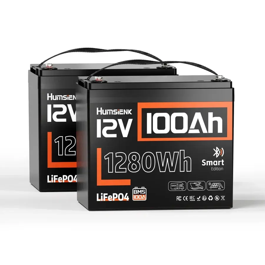 12V 100Ah LiFePO4 Bluetooth Lithium Battery, Built-in 100A BMS & Low-Temp Protection, for RV/Marine/Trolling Motor/Off-Grid/Home Backup