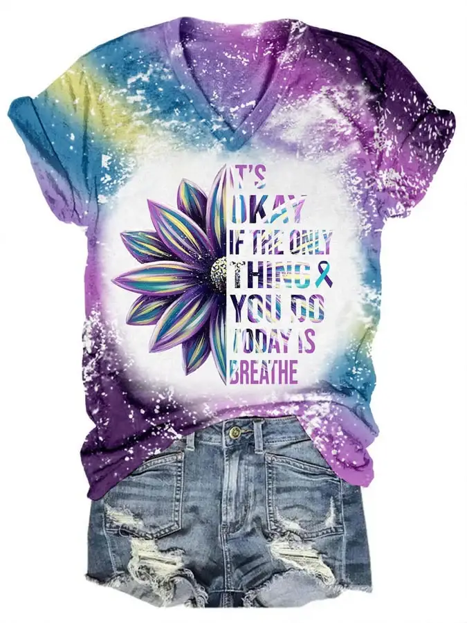 It's Okay Sunflower Print Short Sleeve T-Shirt