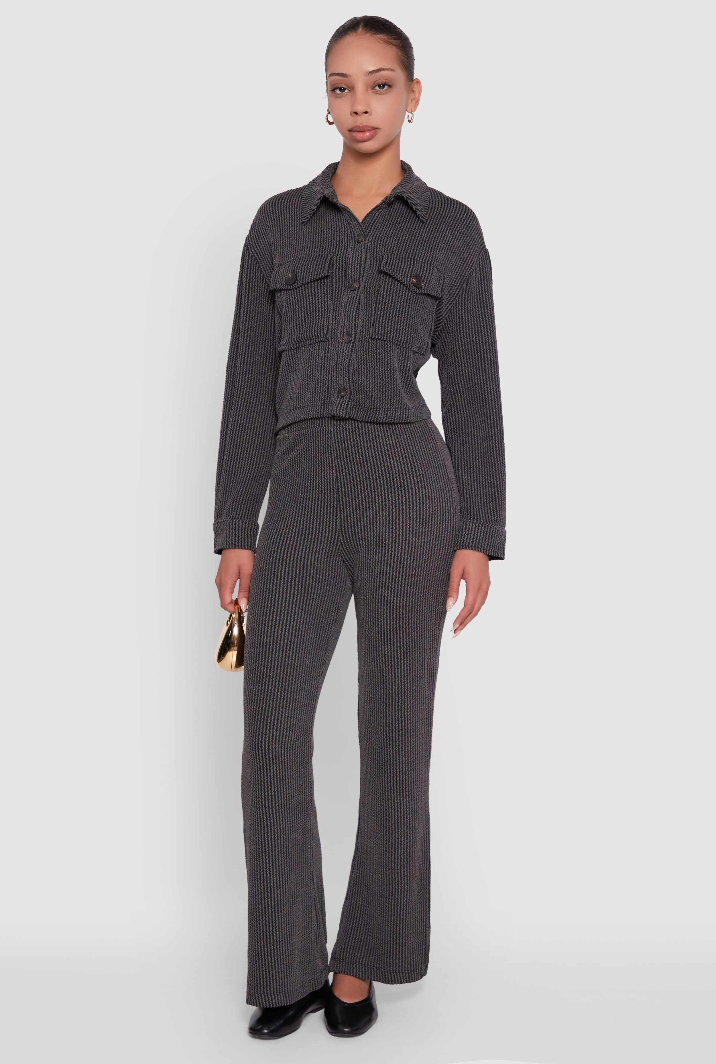 Rib Knit Shadow Stripe Button Front Cropped Shirt