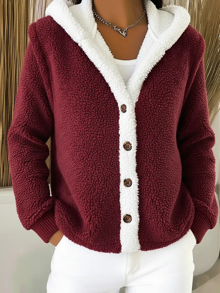 Casual Lambswool Warm Colorblock Hooded Button Jacket