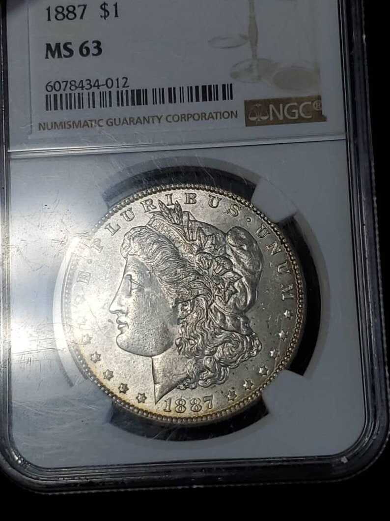 1887   MS 63 Silver Morgan Dollar, NGC  MS 63  Silver Coin  Beautiful toning- small chip on top of the case -  Regular -129   Lot # 1486