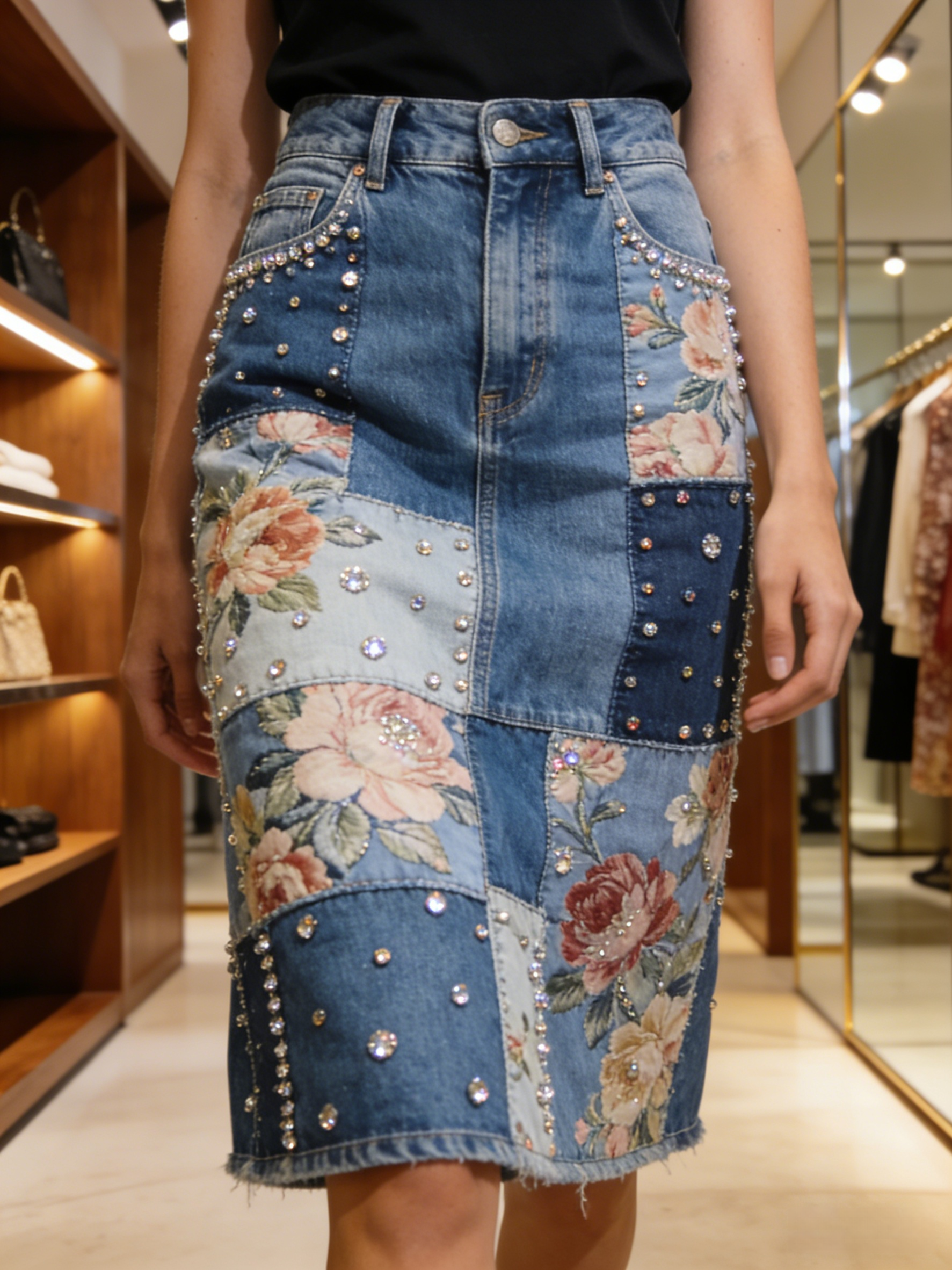 Stylish Blue Floral Patchwork High Waist Nail Bead Denim Skirt