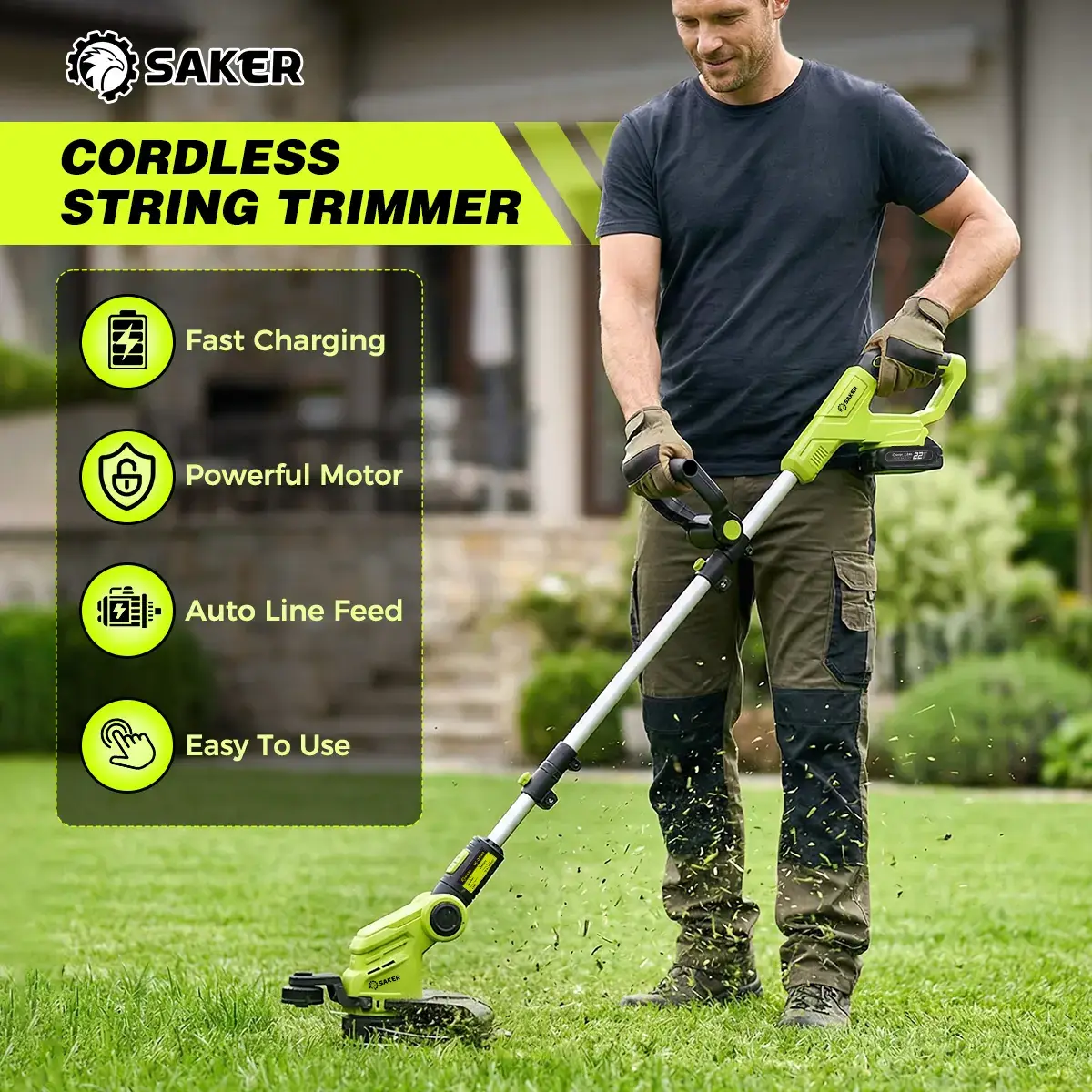 22V 12-in Cordless Lawn Mower, 3-in-1 Garden Tool (Mower, Trimmer, Edger) with Auto Cord Feed, 2×2.0Ah Batteries, Lightweight for Small to Medium Backyards
