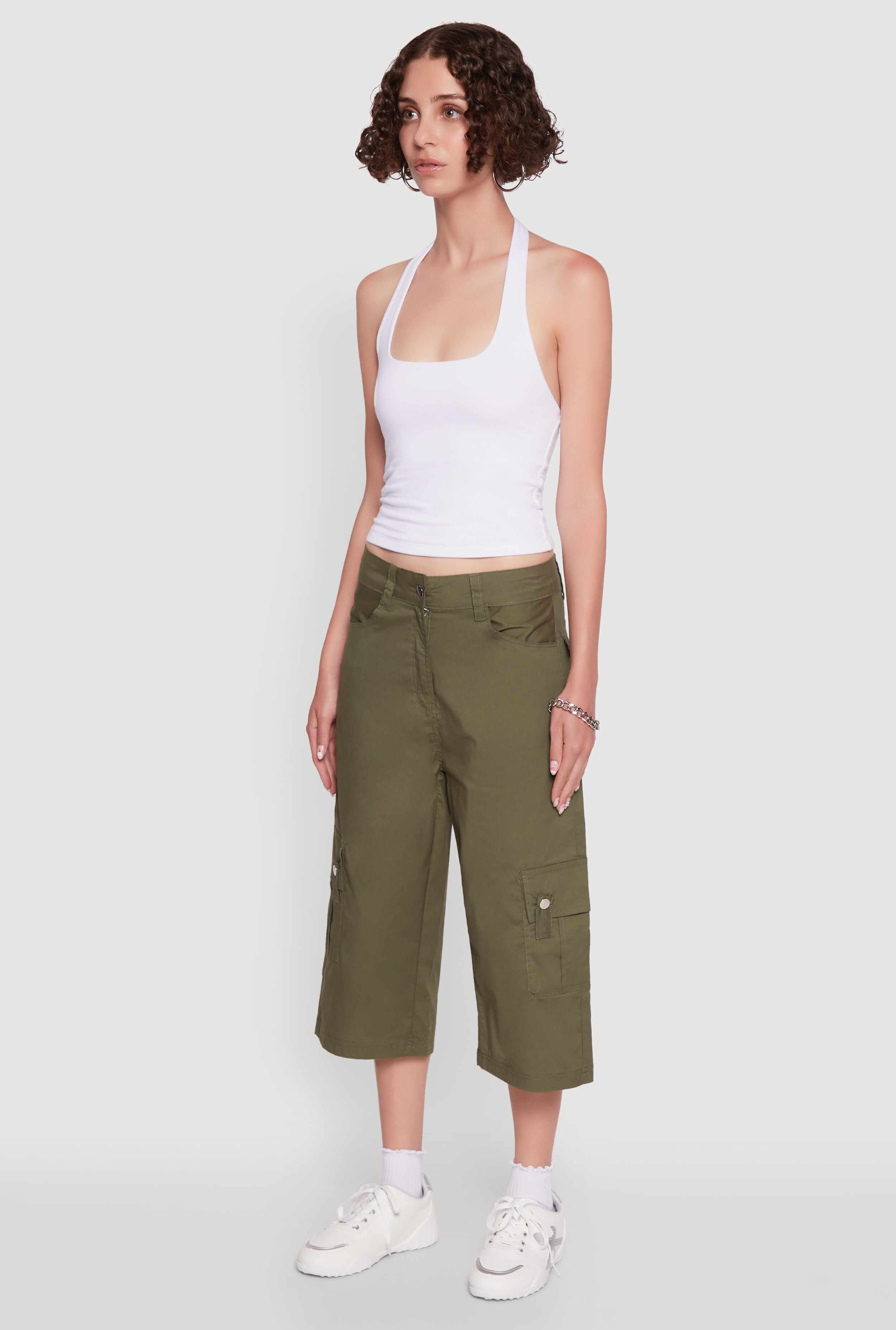 Wide Leg Cargo Pocket Capris Pants