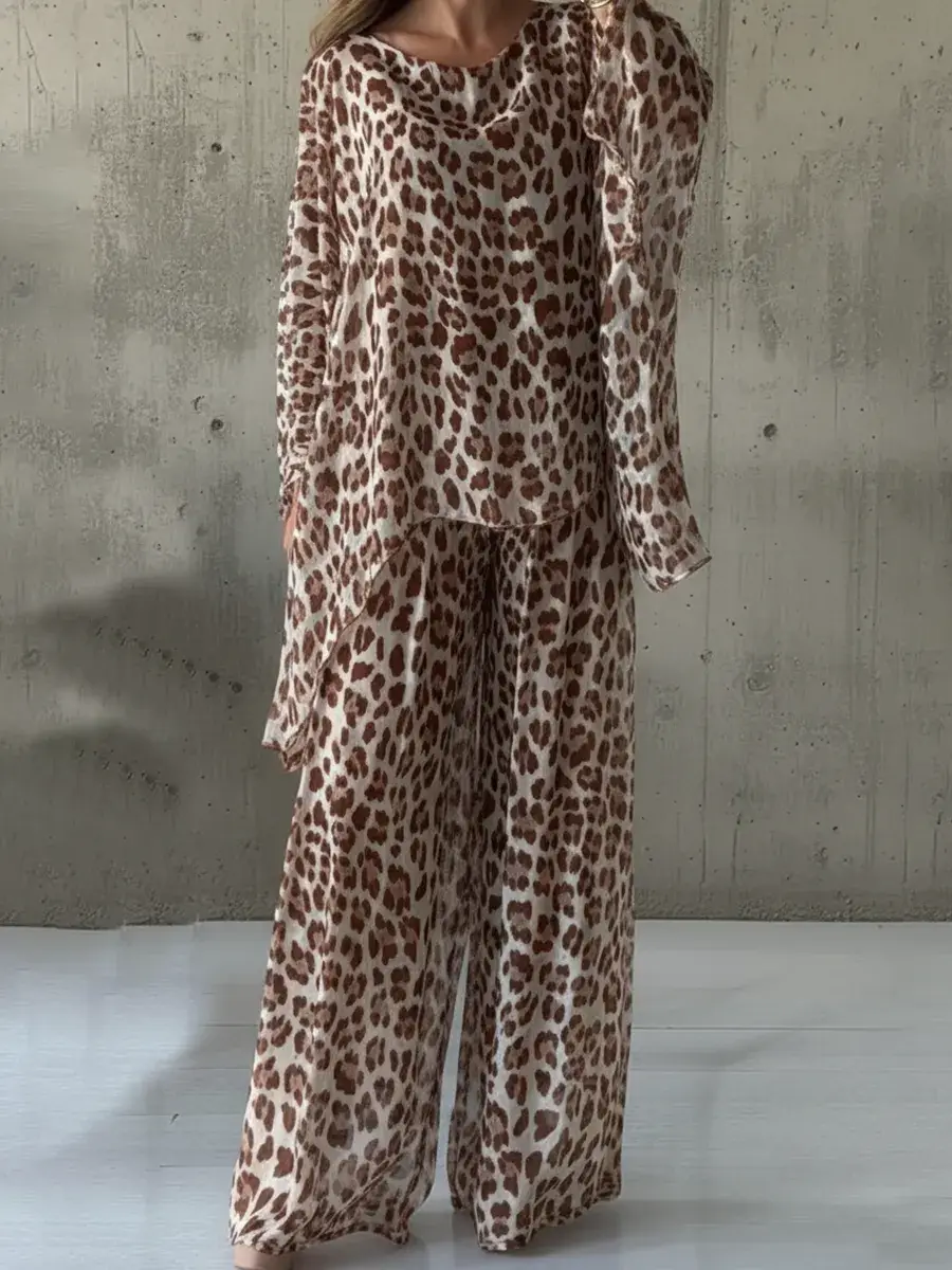 Elegant Leopard Print Top And Pants Two-piece Set