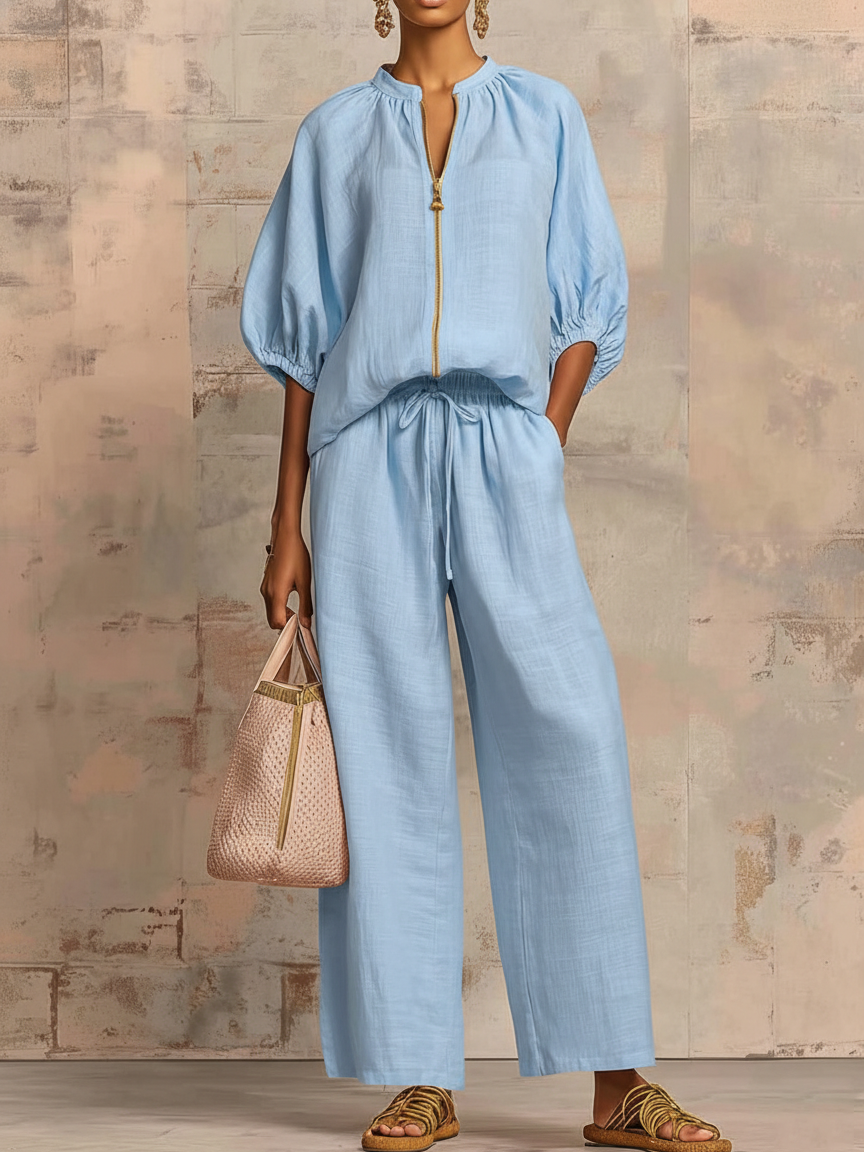 🔥Summer Arrivals🌟Stylish Cozy Shirt And Wide-leg Pants Linen Cotton Two-piece Set
