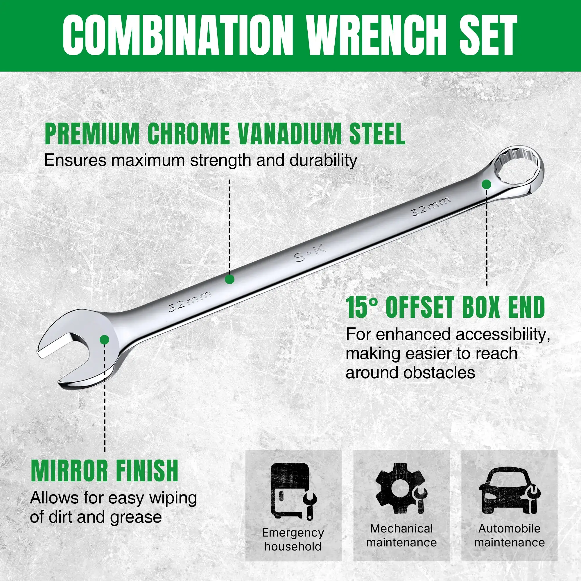 SK Combination Wrench Set, SAE & Metric, Finish, Premium CR-V Construction, with Rolling Pouch