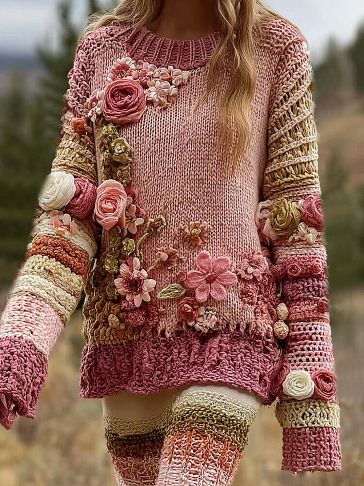 Women's Retro Color Block  Rose Floral Art Cozy Crew Neck Sweater
