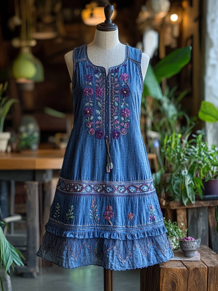 Vintage Bohemian Floral Embroidery Linen Mini Dress