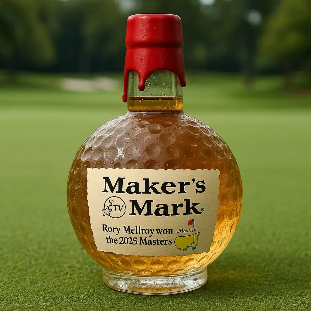 Golf whisky bottle commemorating Rory McIlroy's 2025 Masters victory