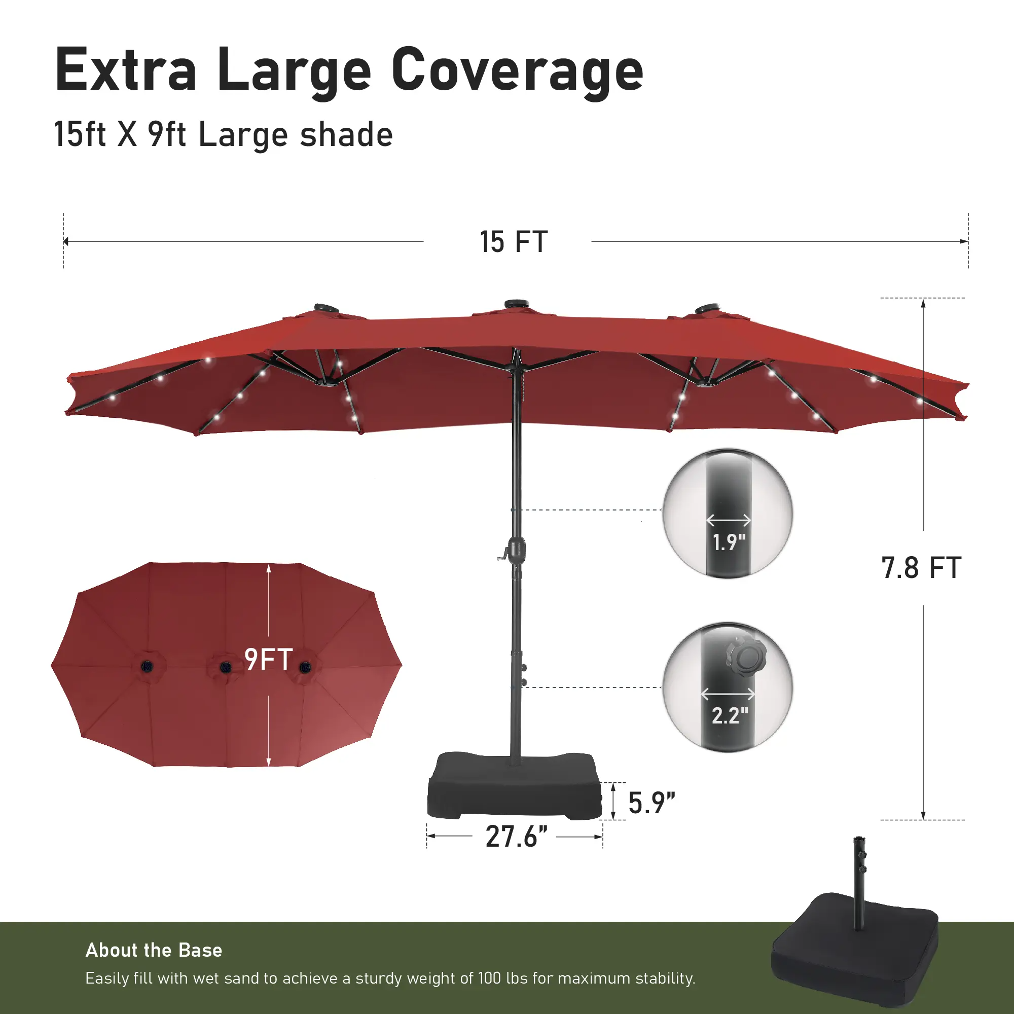 15ft Large Outdoor Patio Umbrella with Base – LED Light Option, Double-Sided, Crank Handle, Waterproof，Comes with Weighted Base and Sandbag, Accommodates 10 People, Great for Poolside, Garden, Lawn, Backyard, Deck and Beach