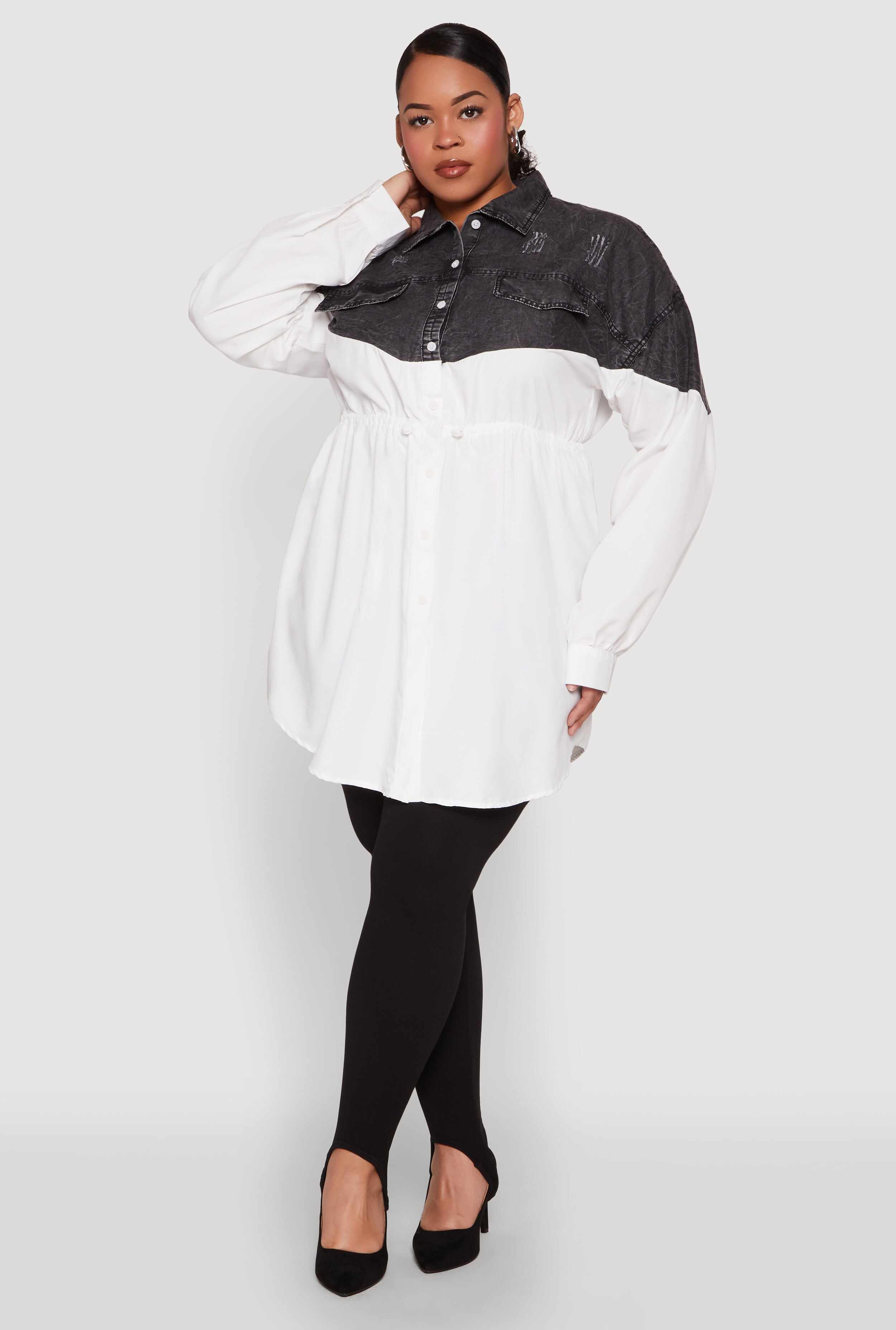 Plus Size Denim Detail Distressed Tunic Shirt