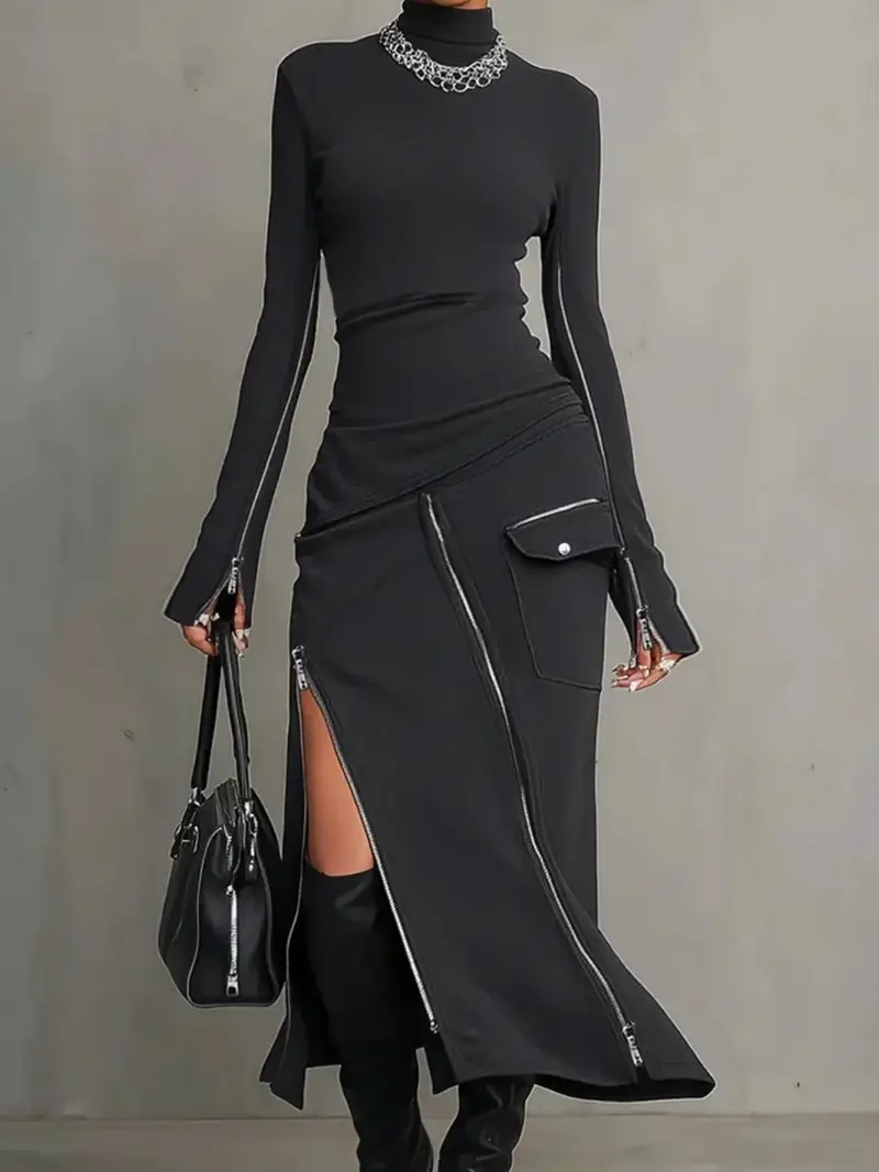 🔥Summer Arrivals🌟Stylish Casual Zipper Design Tops And Irregular Skirt Stretch Set