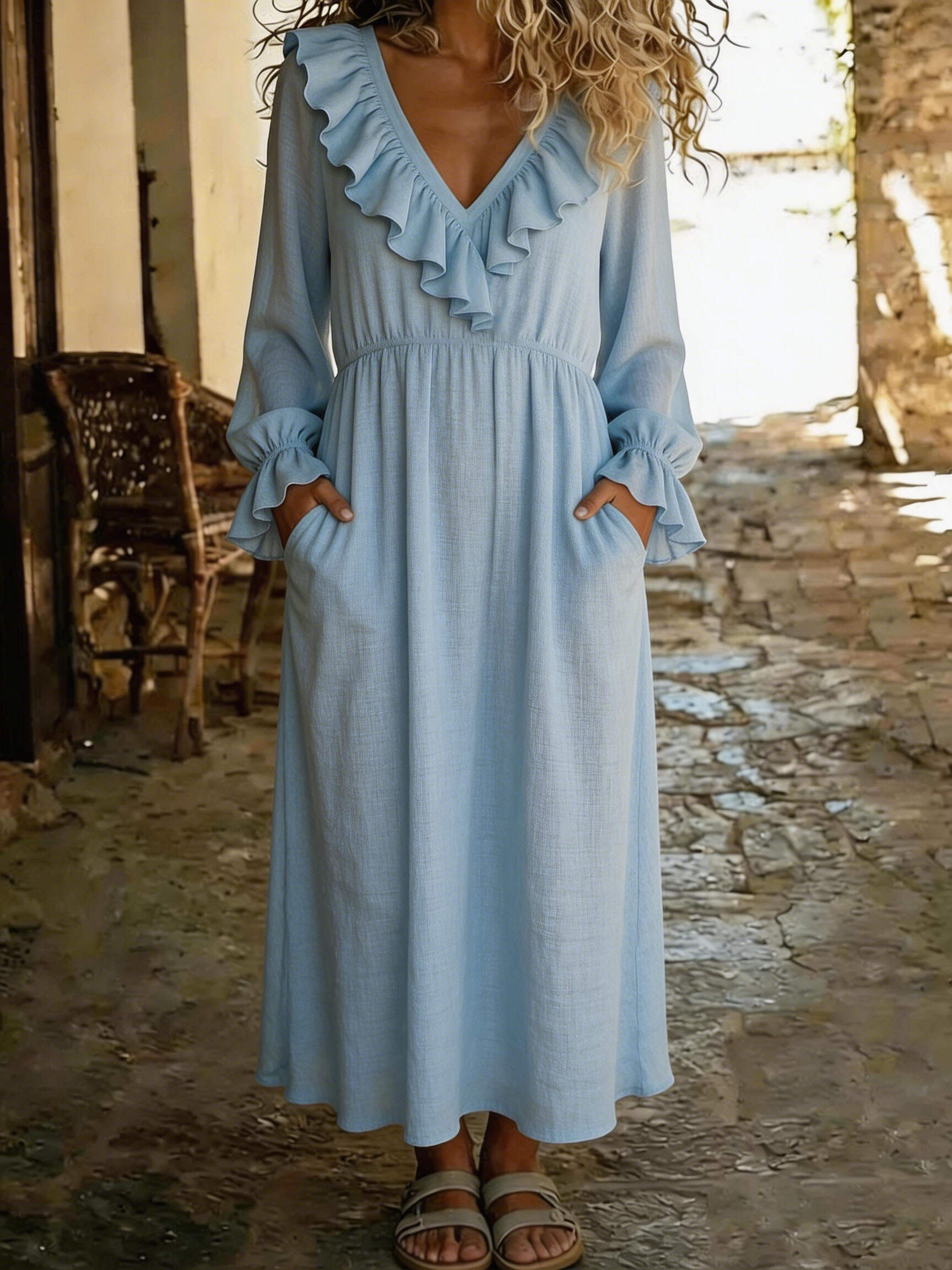 🔥Summer Arrivals🌟Women's Casual V-neck Ruffled Cotton Linen Dress