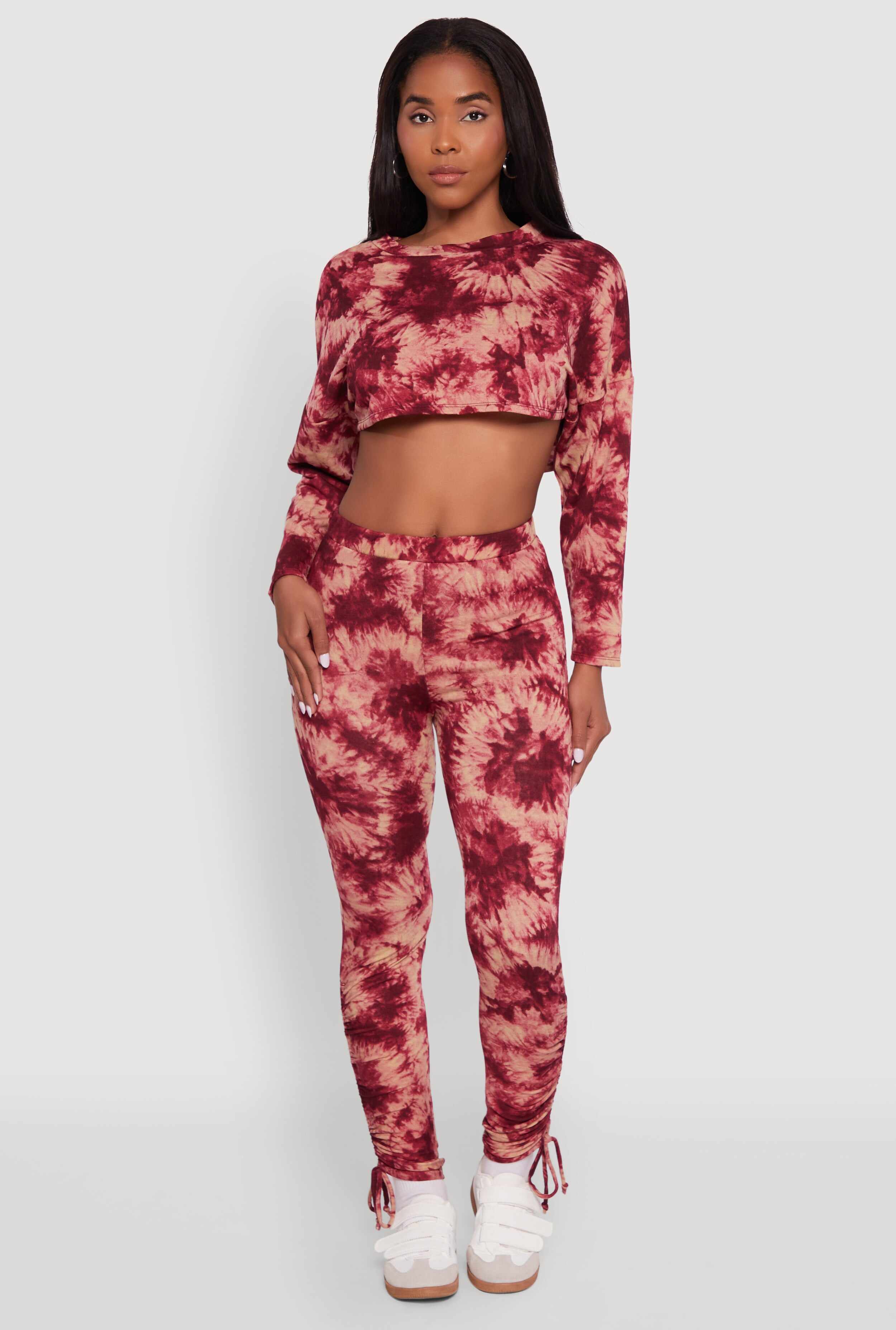 High Waisted Tie Dye Fleece Leggings with Drawstring Hem