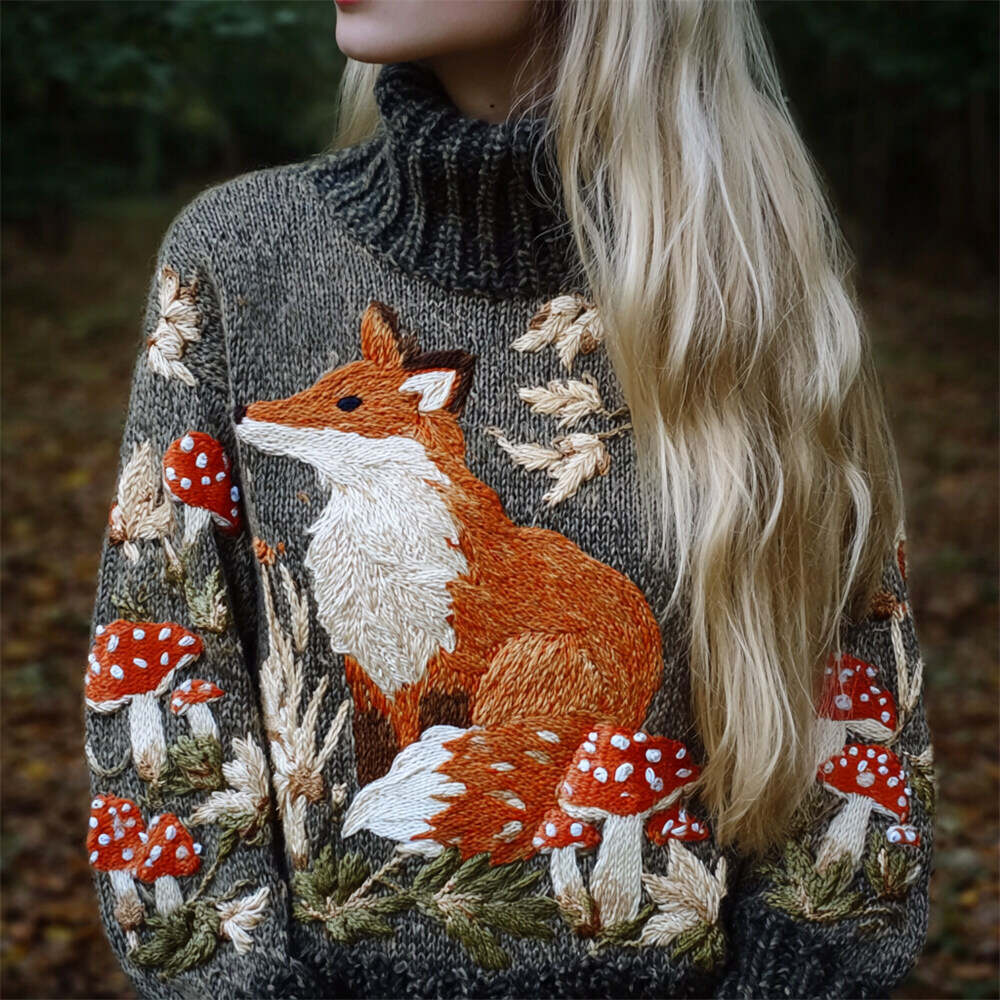 Fall Fox & Mushroom Embroidered Women's Knit Turtleneck Sweater