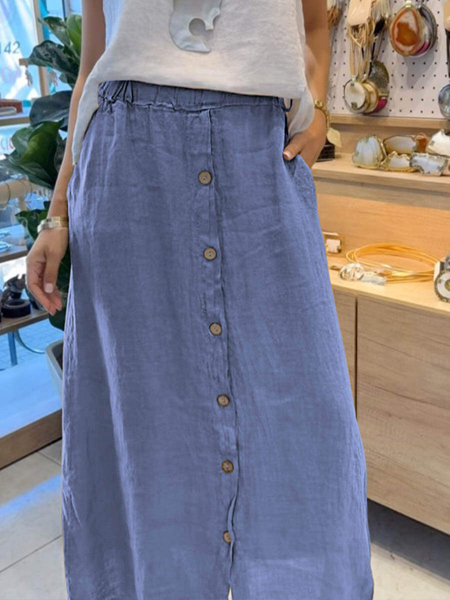 🔥Summer Arrivals🌟Women's Solid Color Elastic Waist Buttons Casual Pockets Linen Skirt