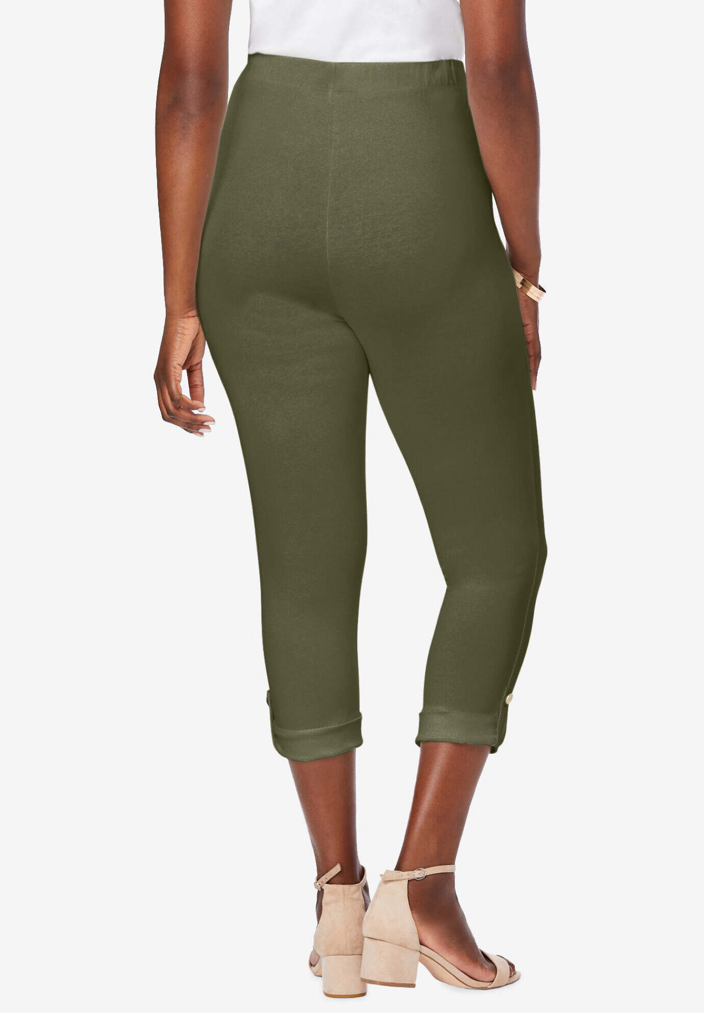Stretch Cotton Cuff-Button Capri Legging
