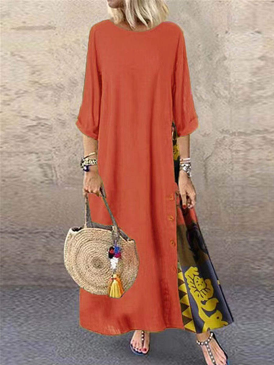 🔥Summer Arrivals🌟Women's Retro Floral Contrast Button Patchwork Cotton And Linen Casual Dress