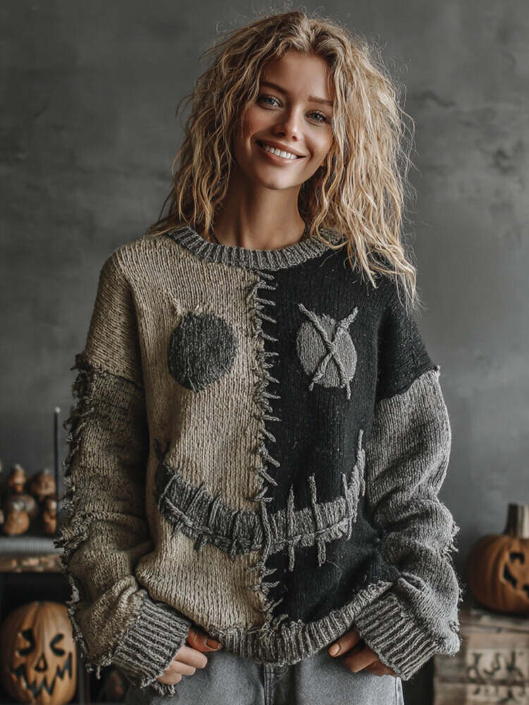 Halloween Pumpkin Face Art Cozy Knit Sweater